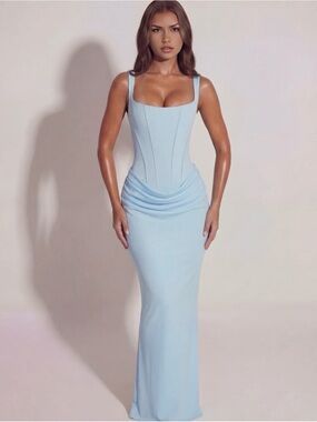 Sculpted Light Blue Maxi Dress with Corset Bodice